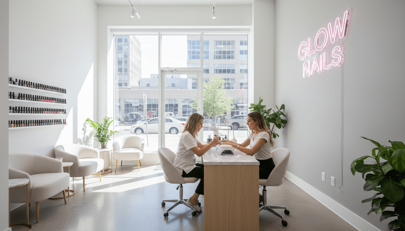 Woman getting a gel manicure in a bright, modern nail salon