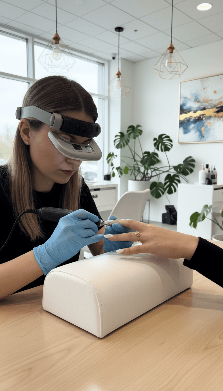 Nail technician shaping a client's nails at a bright modern nail salon