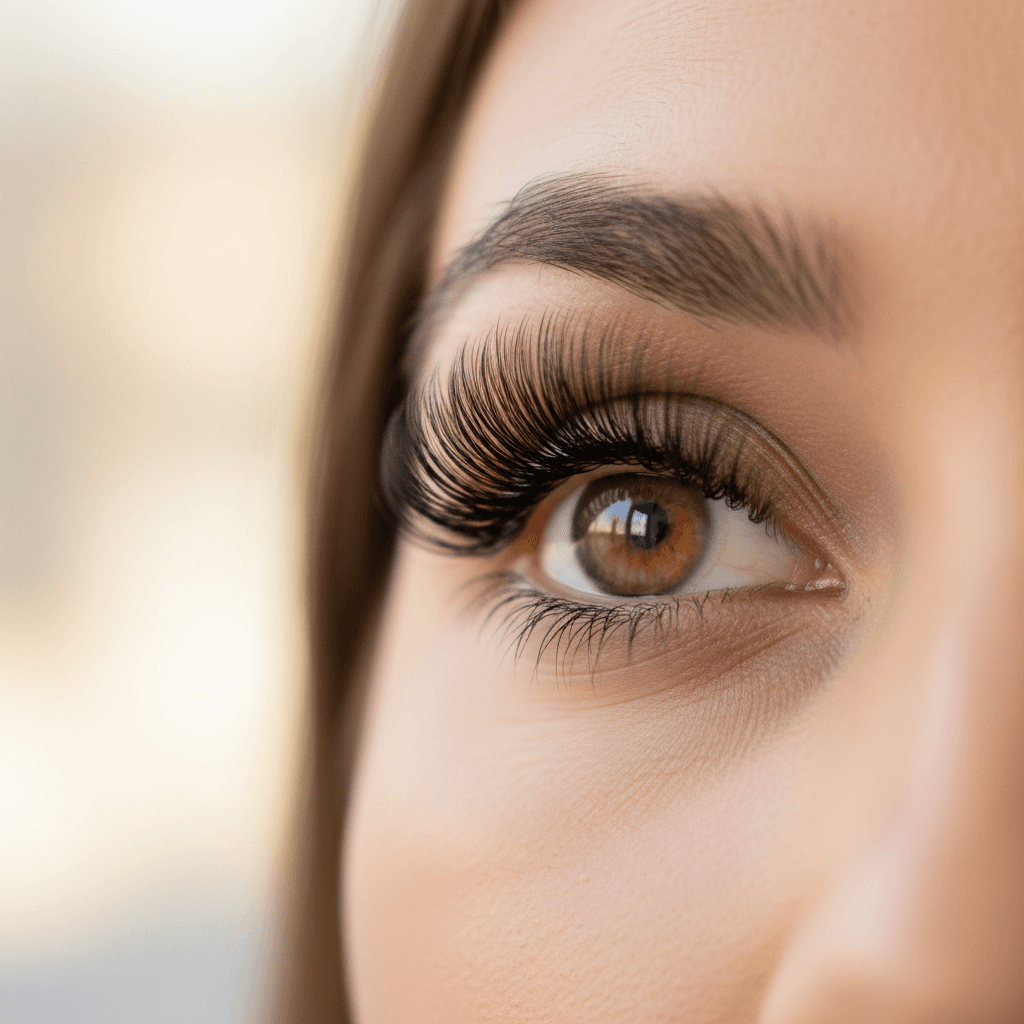 Close-up of a woman with full natural-looking lash extensions