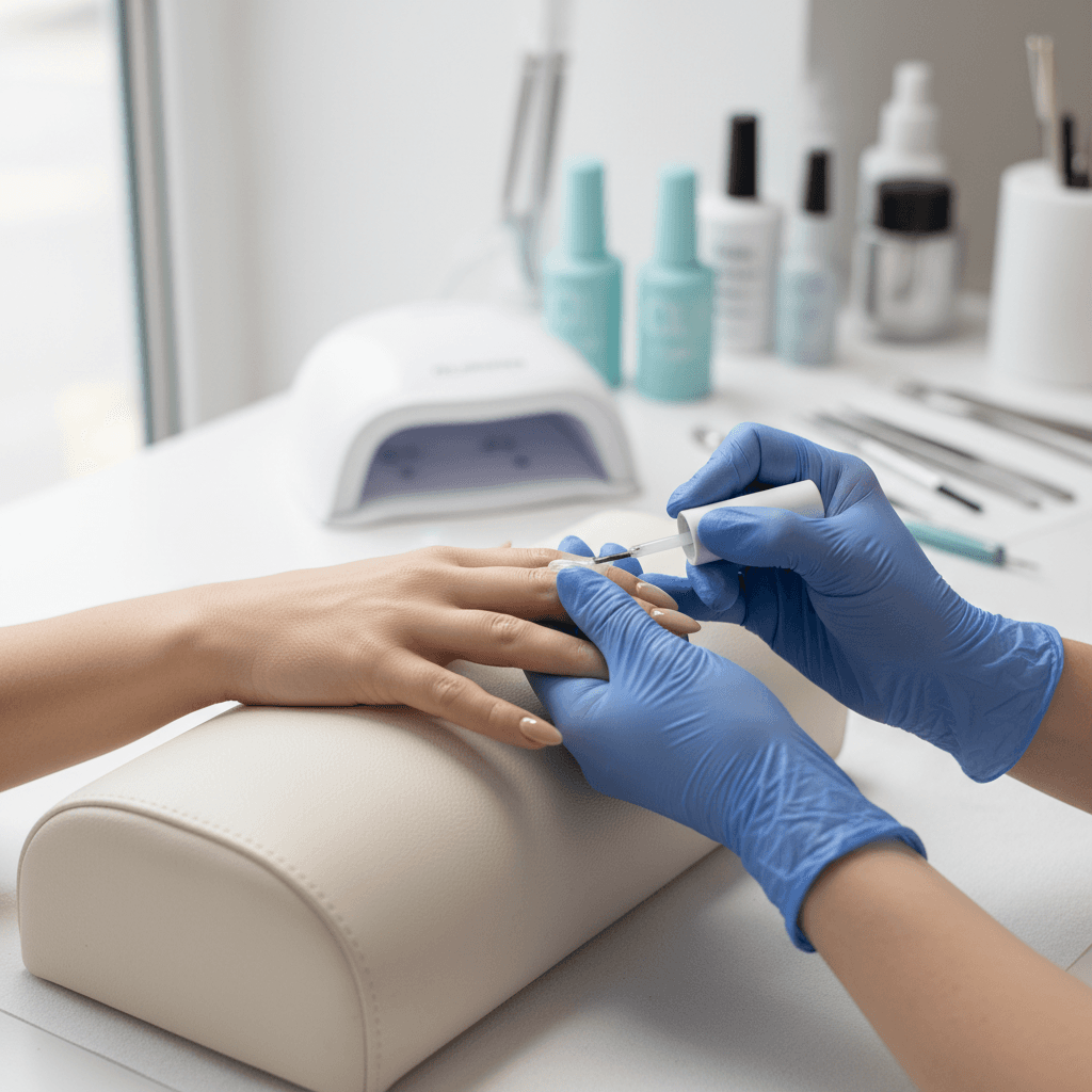 Nail technician gently removing gel polish from a client's nails