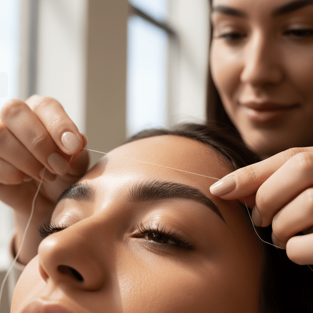 Woman getting her eyebrows waxed at a clean bright beauty salon
