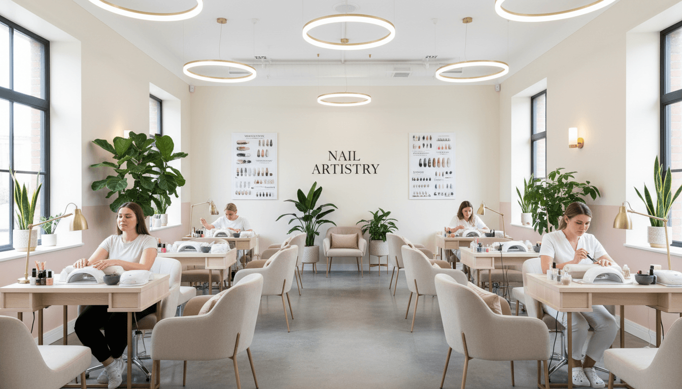Bright modern nail salon interior with pink accents and a manicure station