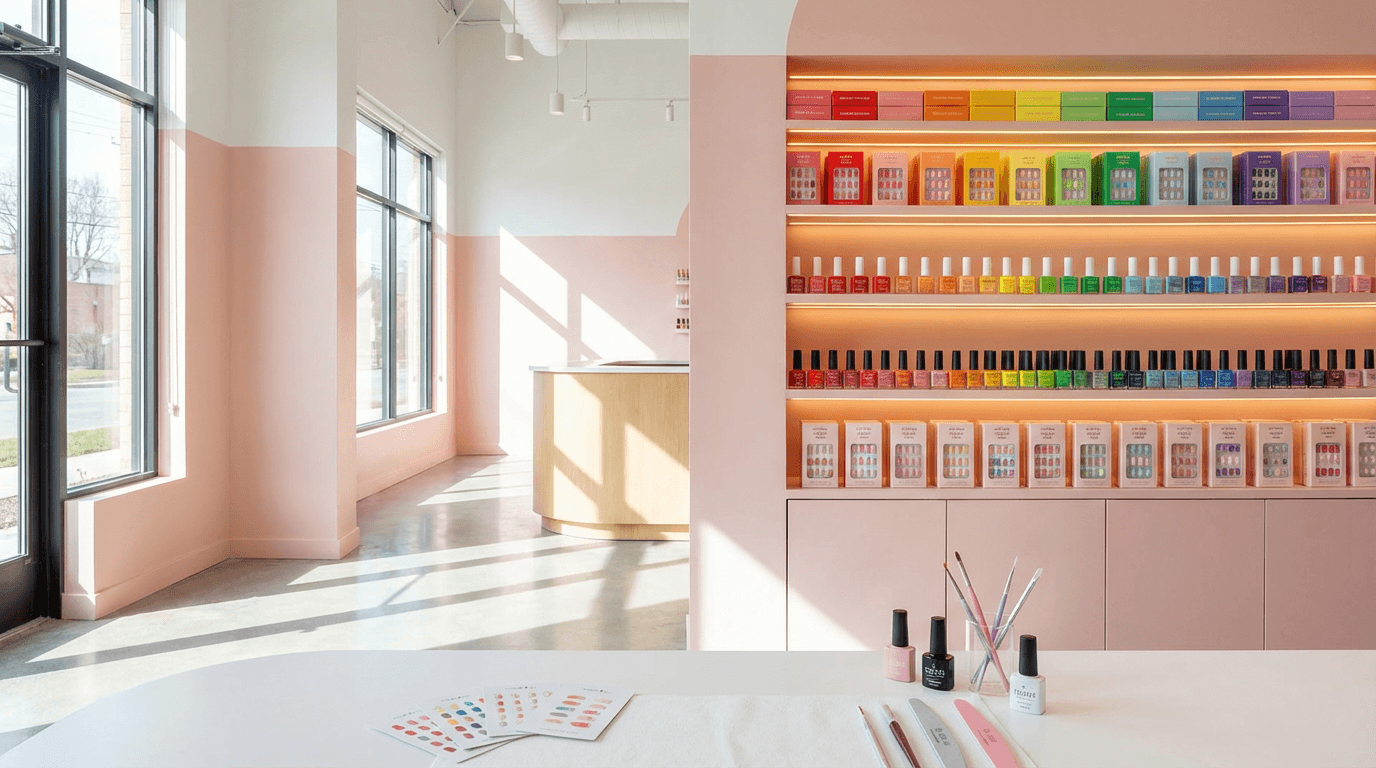 Bright and welcoming nail salon in Stamford with pink chairs and manicure stations