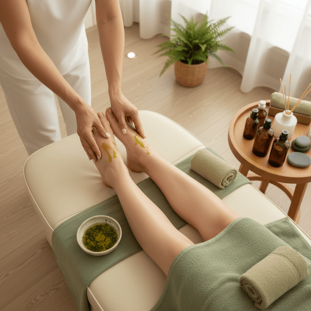 Relaxing spa pedicure with rose petals and warm towels in a salon