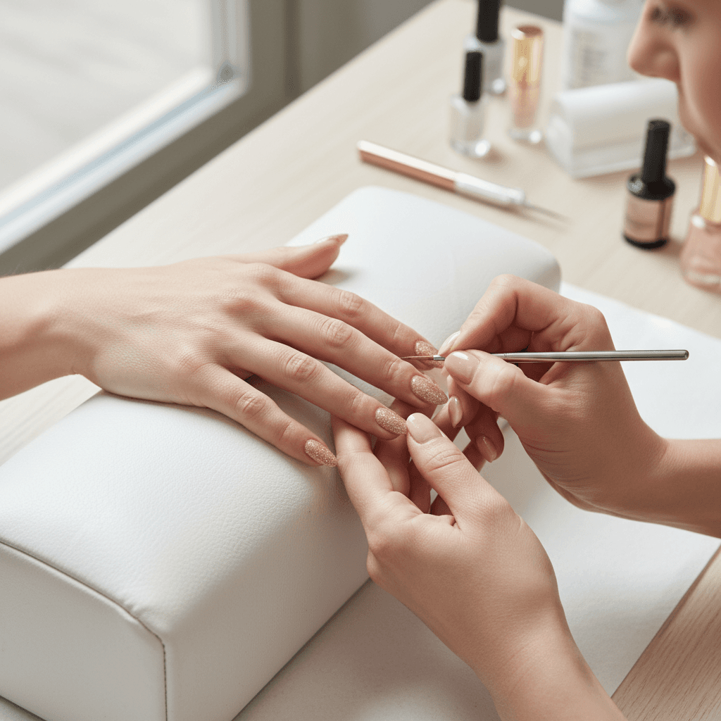 Professional nail technician painting client's nails at a bright salon station