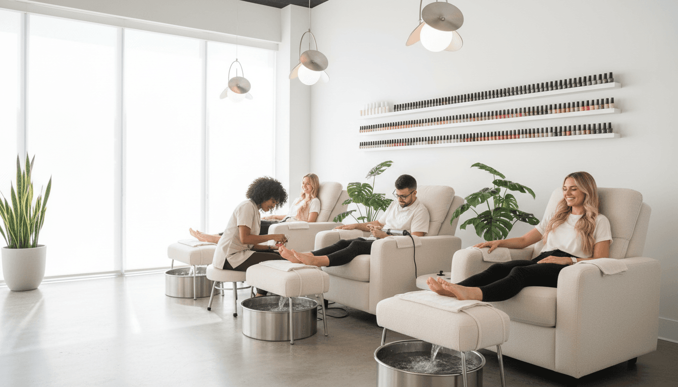 Relaxing spa pedicure station with warm water in a bright modern salon