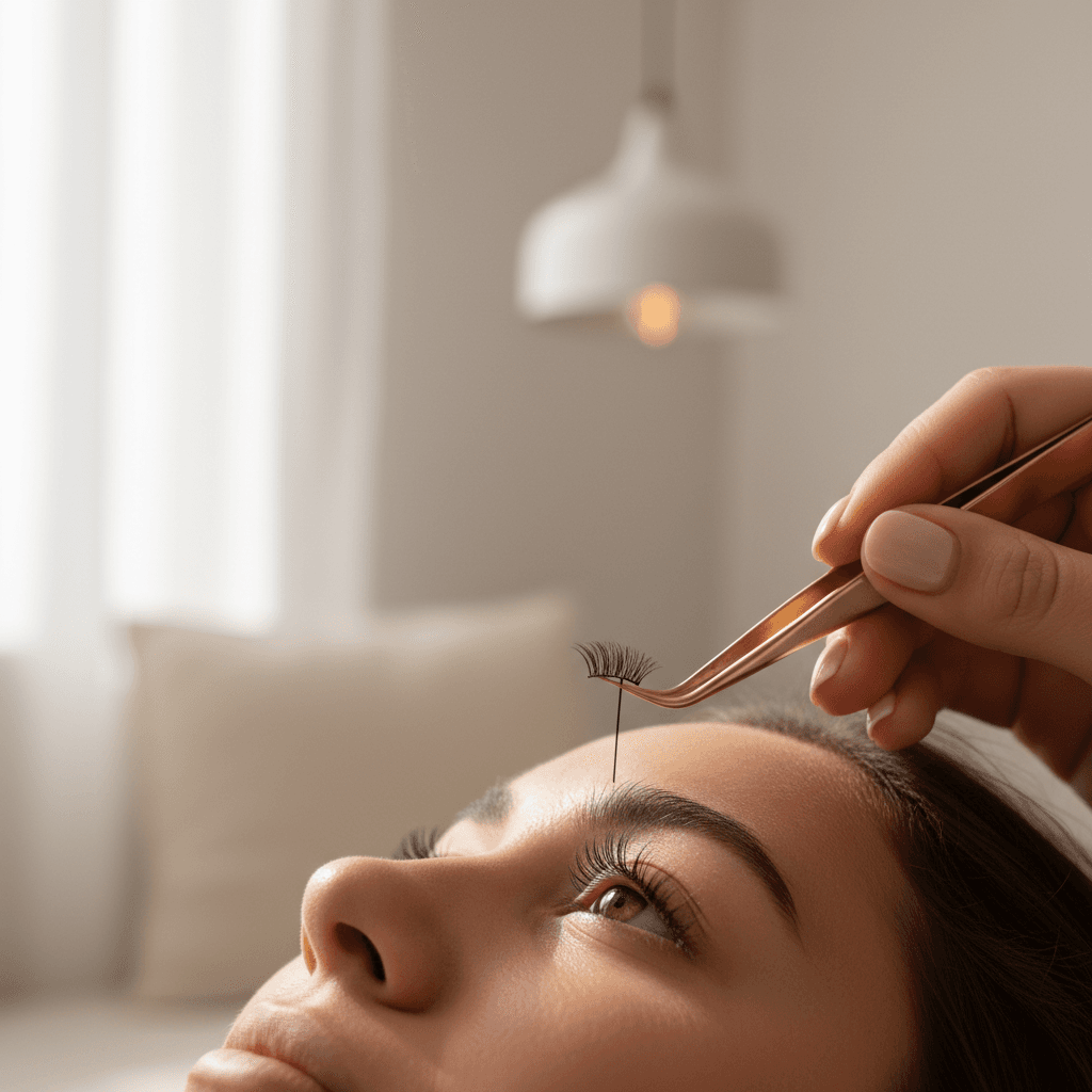 Beautician applying eyelash extensions to a relaxed client in a modern studio