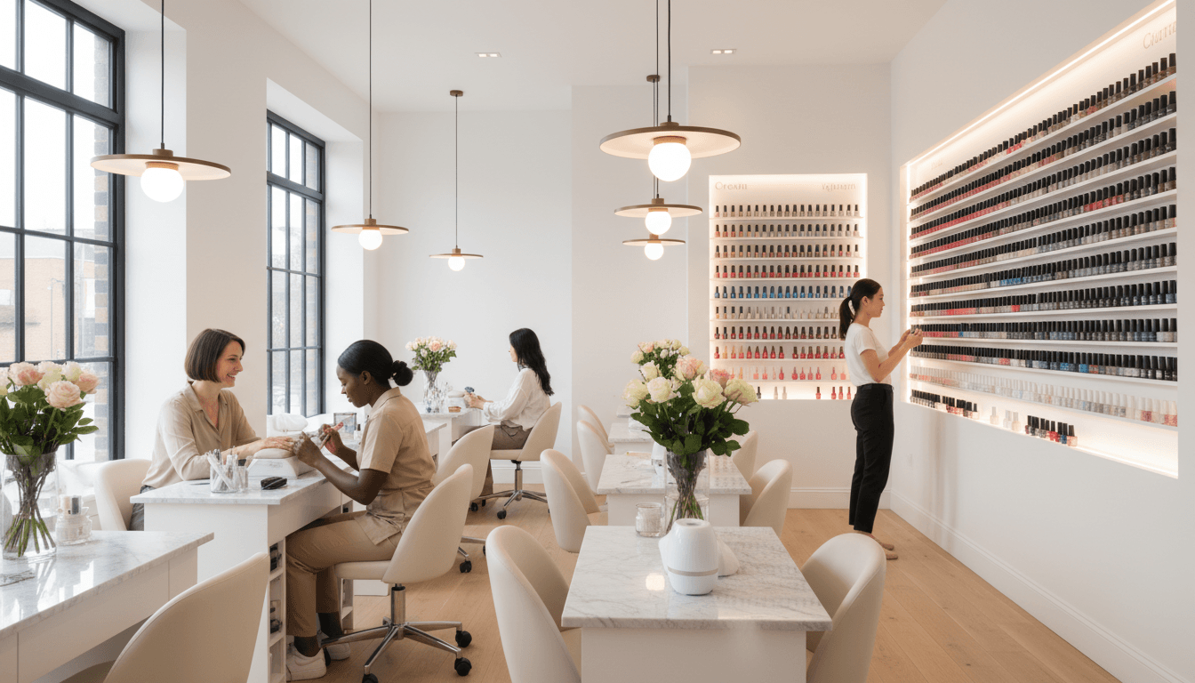 Bright modern nail salon interior with pink accents and manicure stations