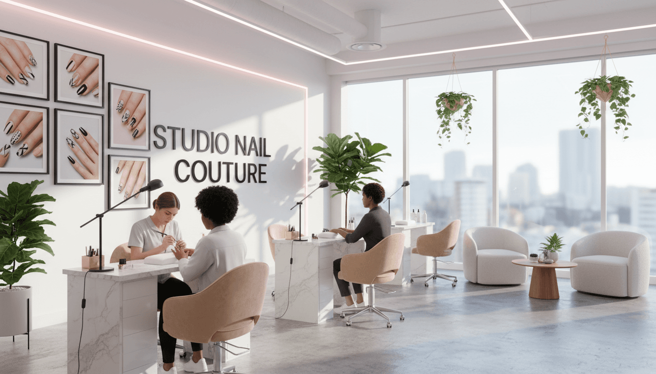 Nail technician applying polish in a bright Bloosom salon