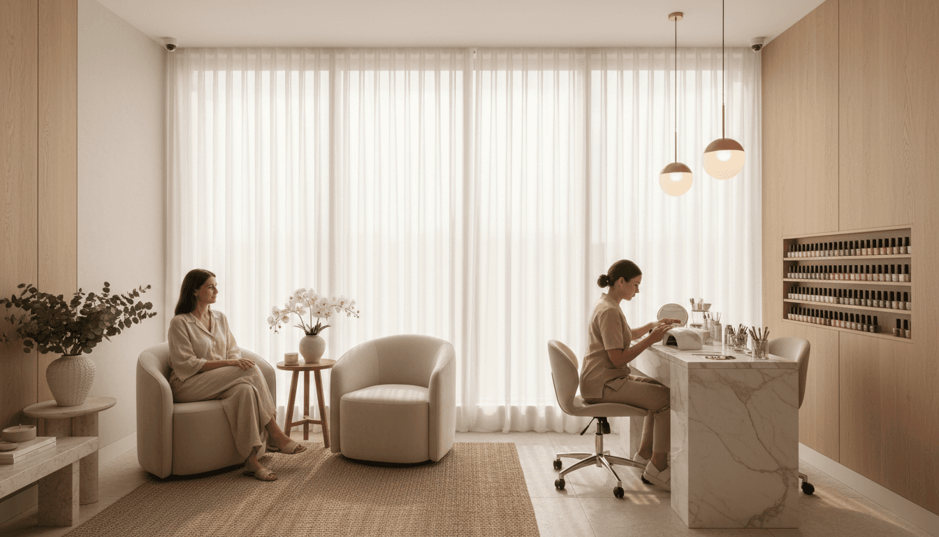 Cozy nail salon interior with pink chairs and soft lighting