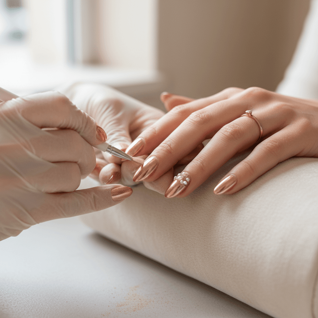 Hand with a natural-looking dip powder manicure in neutral tones