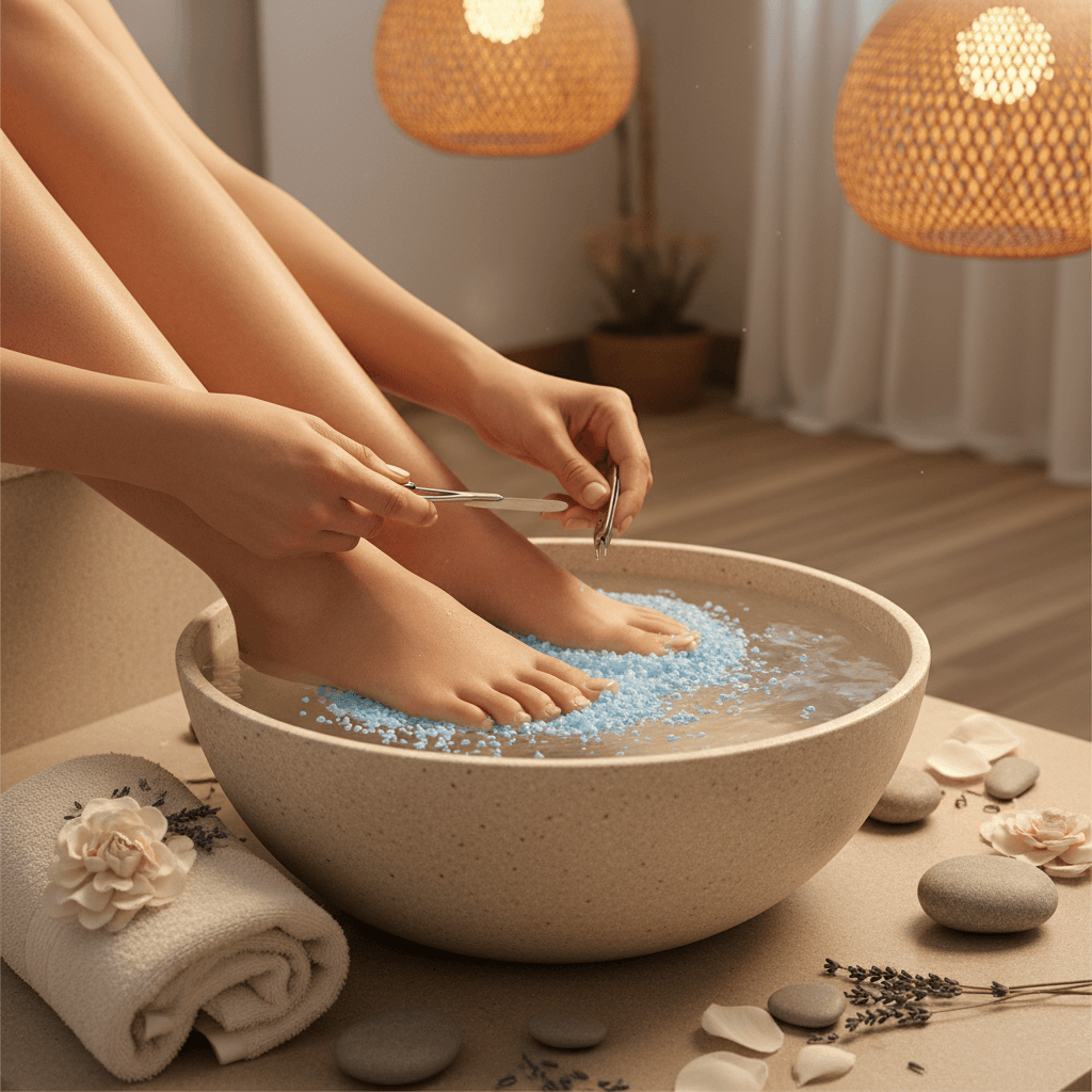 Relaxing spa pedicure with a foot soak and rose petals